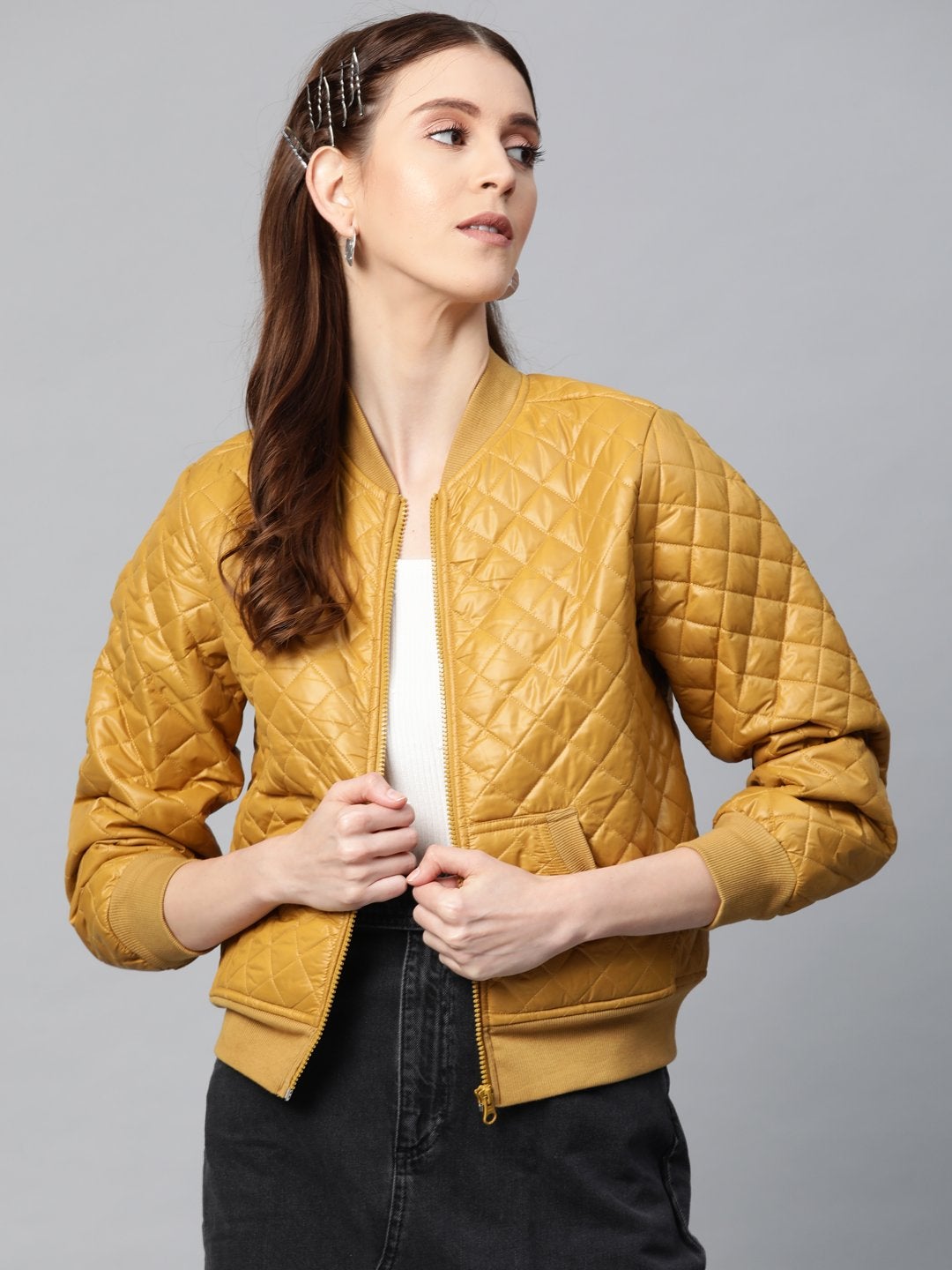 Women's Mustard Quilted Bomber Jacket - SASSAFRAS