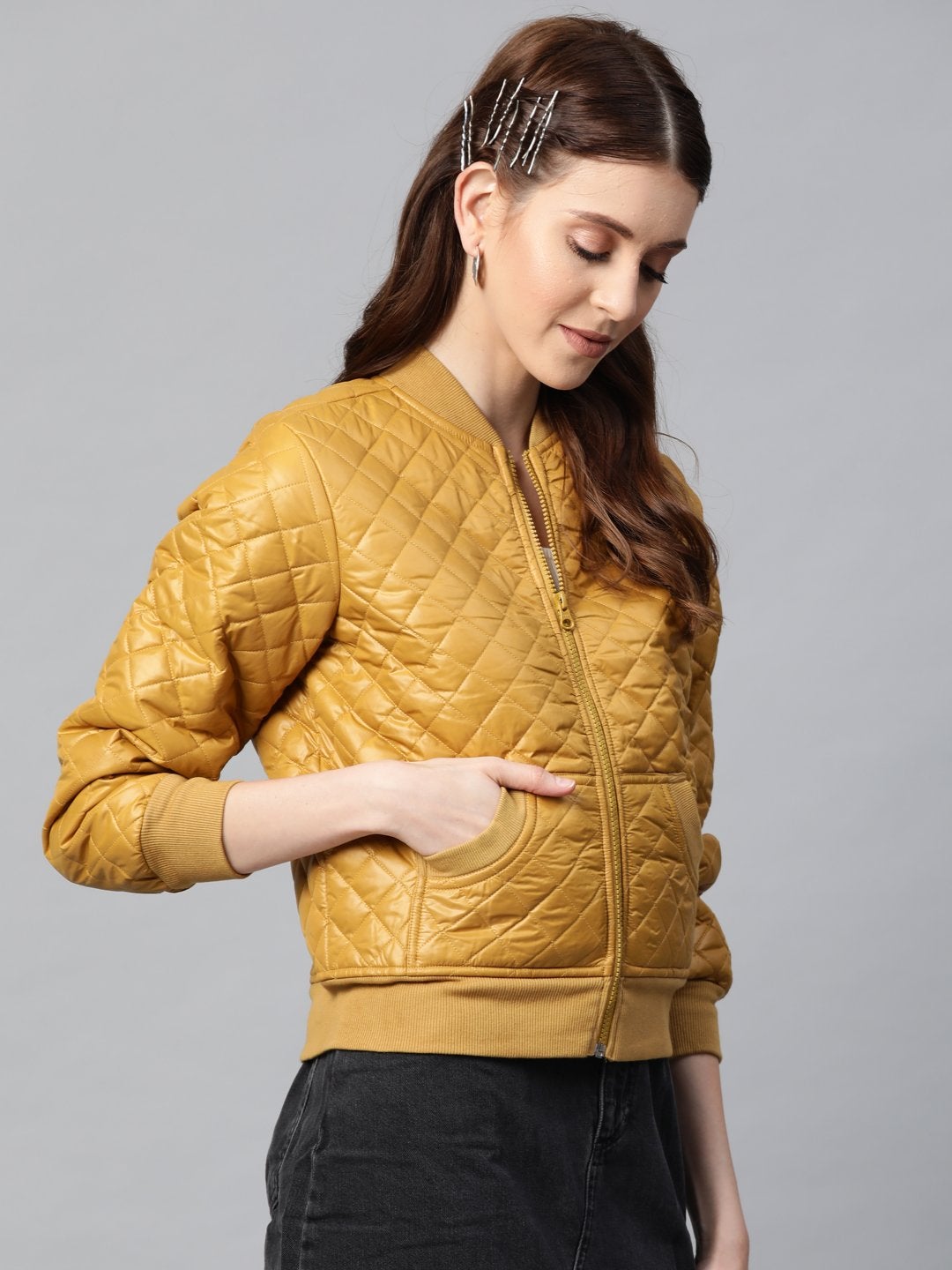 Women's Mustard Quilted Bomber Jacket - SASSAFRAS