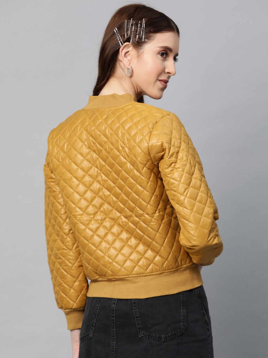 Women's Mustard Quilted Bomber Jacket - SASSAFRAS