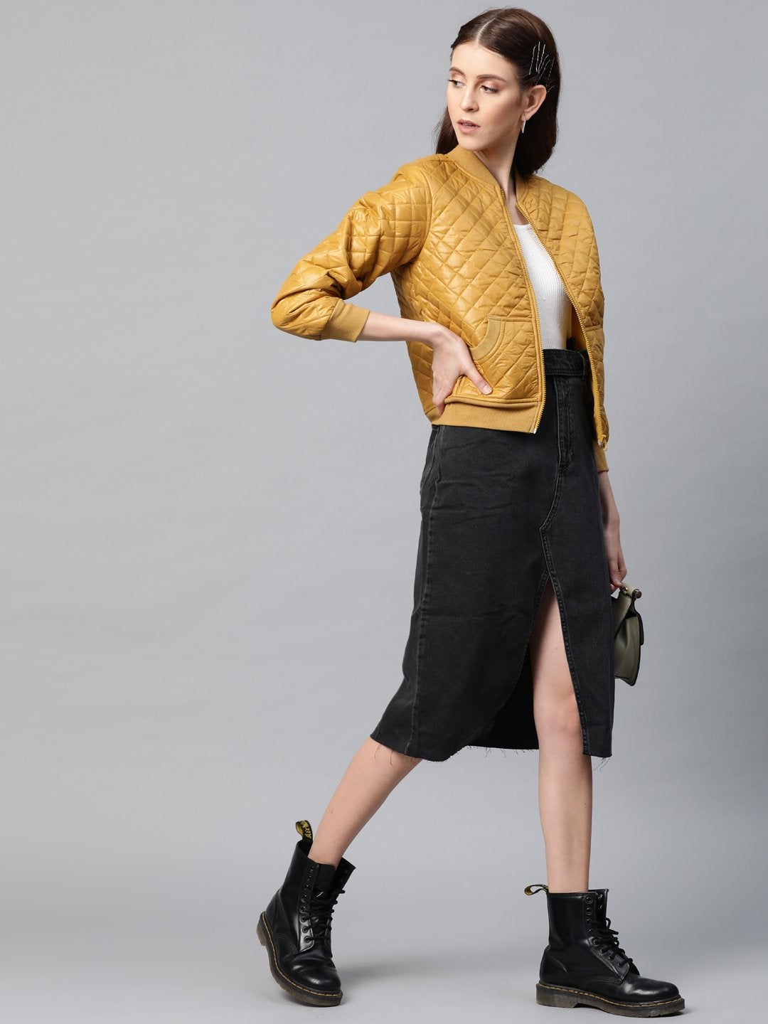 Women's Mustard Quilted Bomber Jacket - SASSAFRAS