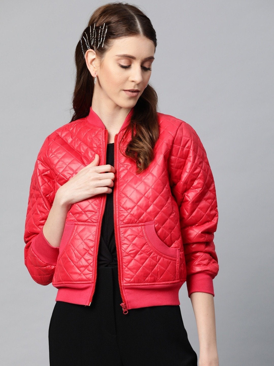 Women's Red Quilted Bomber Jacket - SASSAFRAS