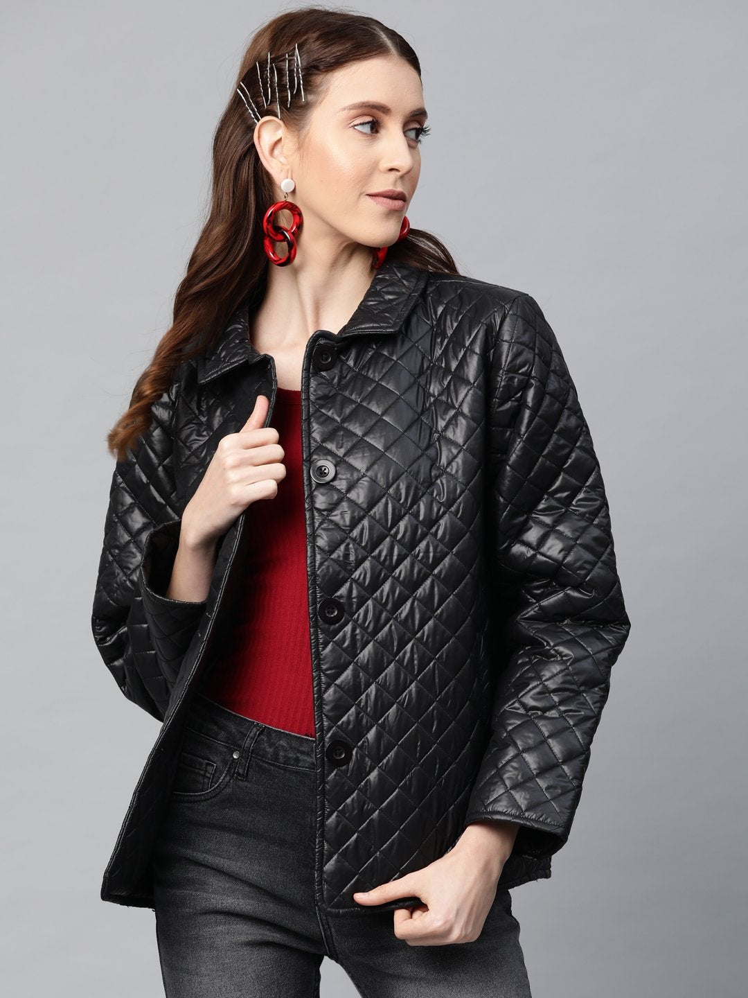 Women's Black Collared Quilted Puffer Jacket - SASSAFRAS