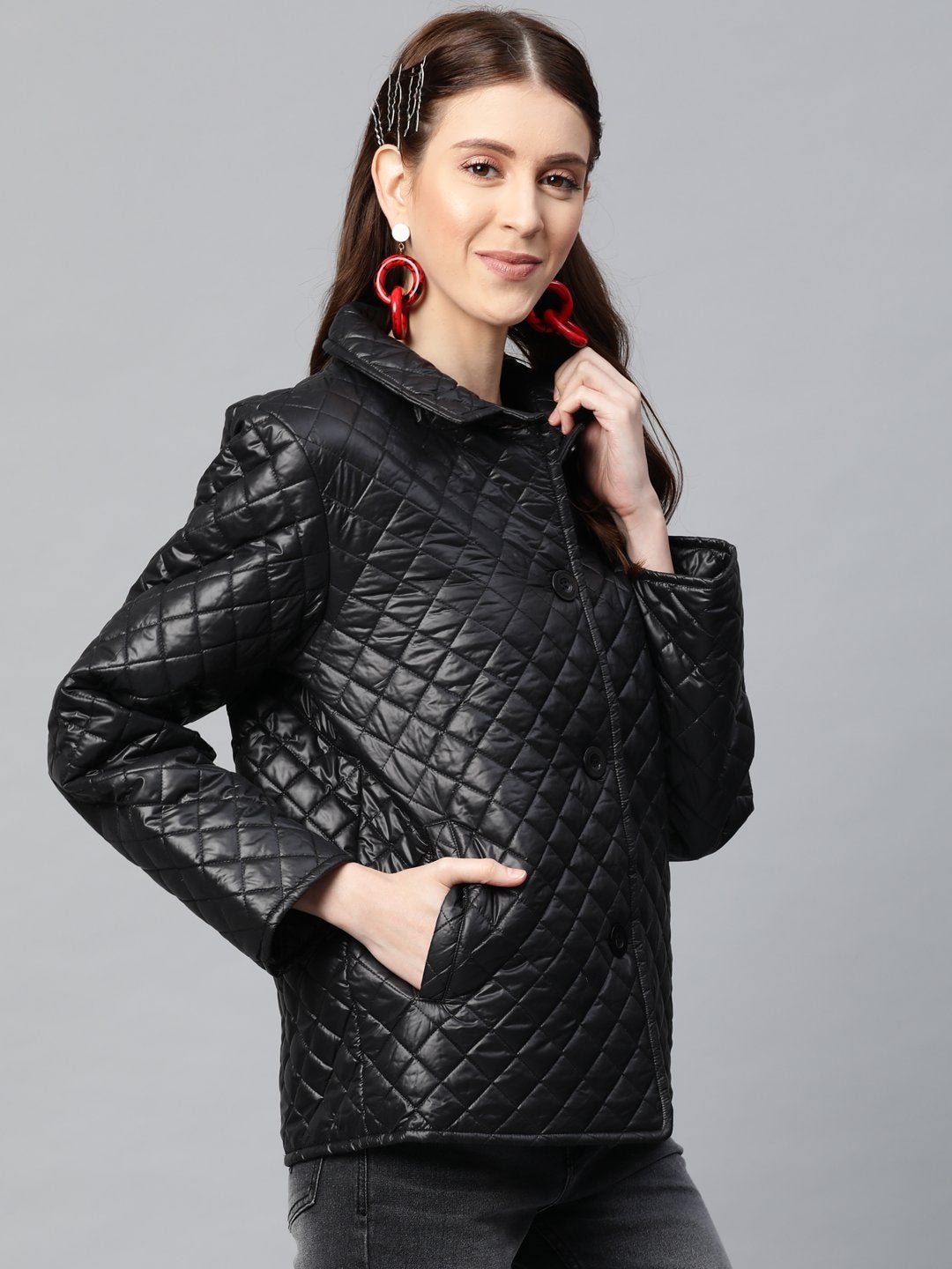 Women's Black Collared Quilted Puffer Jacket - SASSAFRAS