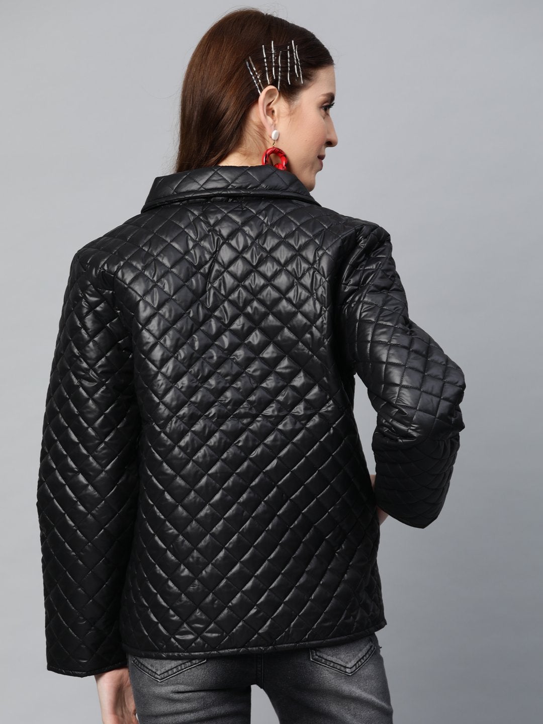 Women's Black Collared Quilted Puffer Jacket - SASSAFRAS