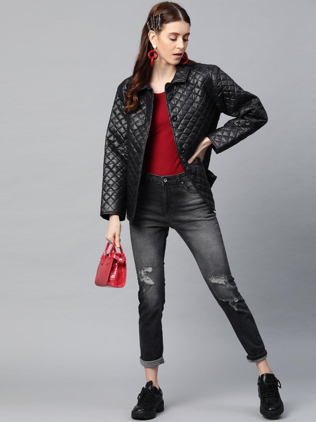 Women's Black Collared Quilted Puffer Jacket - SASSAFRAS