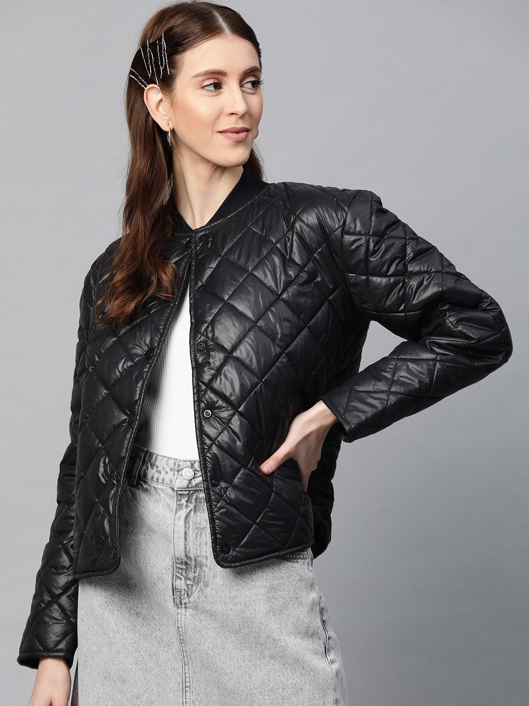 Women's Black Front Snap Button Quilted Puffer Jacket - SASSAFRAS