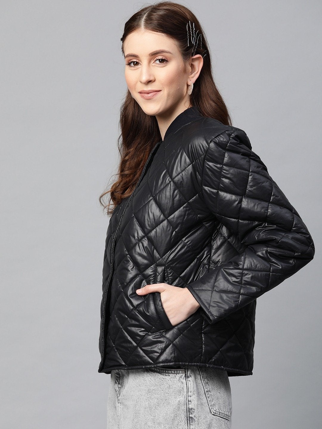 Women's Black Front Snap Button Quilted Puffer Jacket - SASSAFRAS