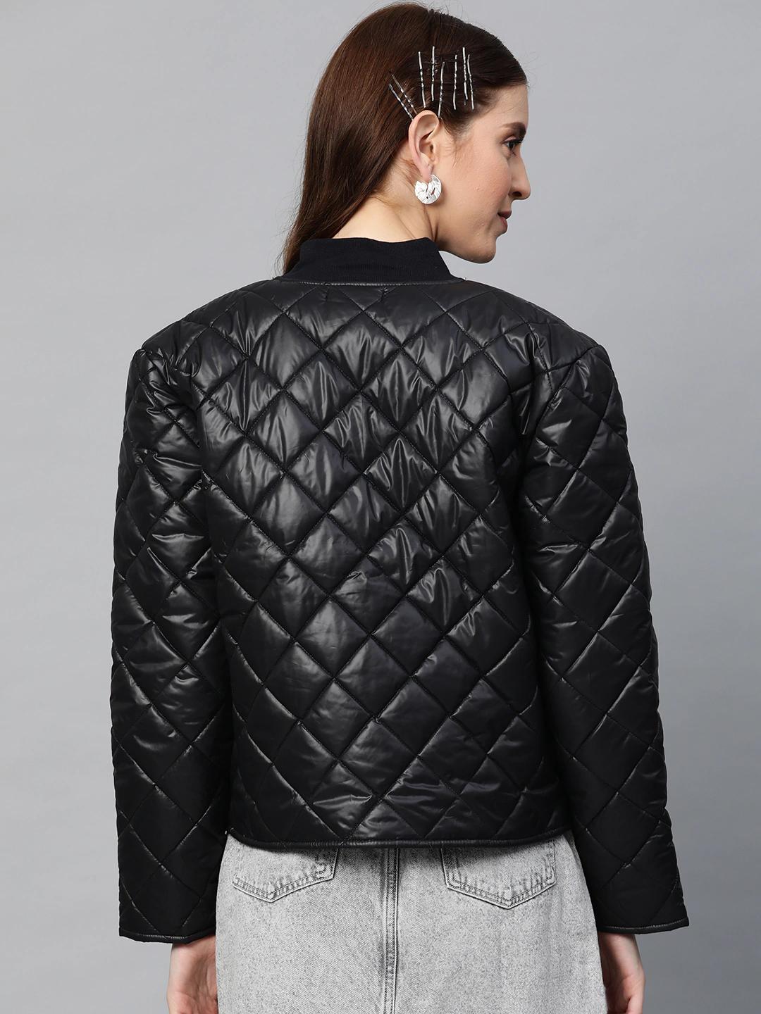 Women's Black Front Snap Button Quilted Puffer Jacket - SASSAFRAS