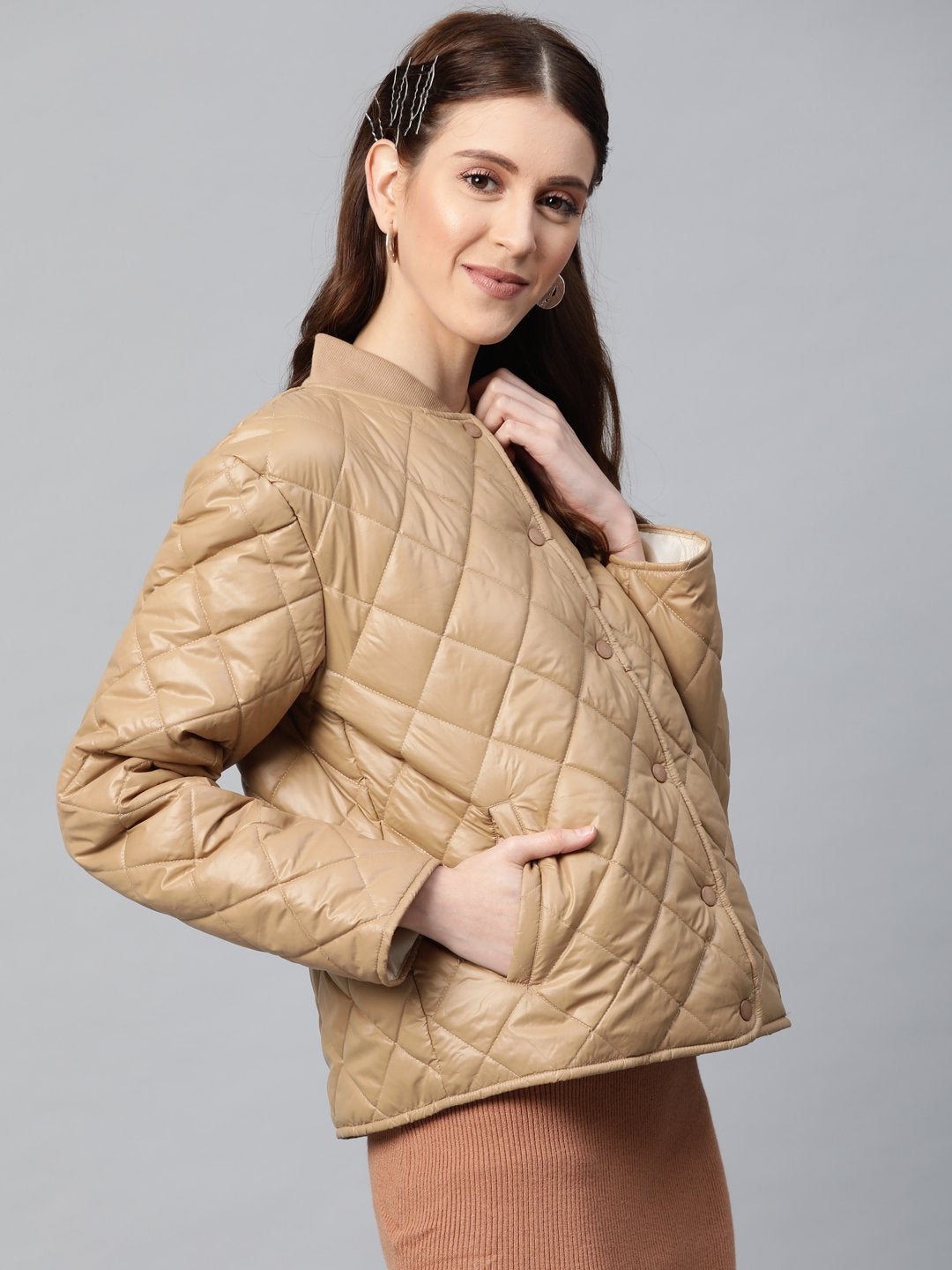 Women's Khaki Front Snap Button Quilted Puffer Jacket - SASSAFRAS