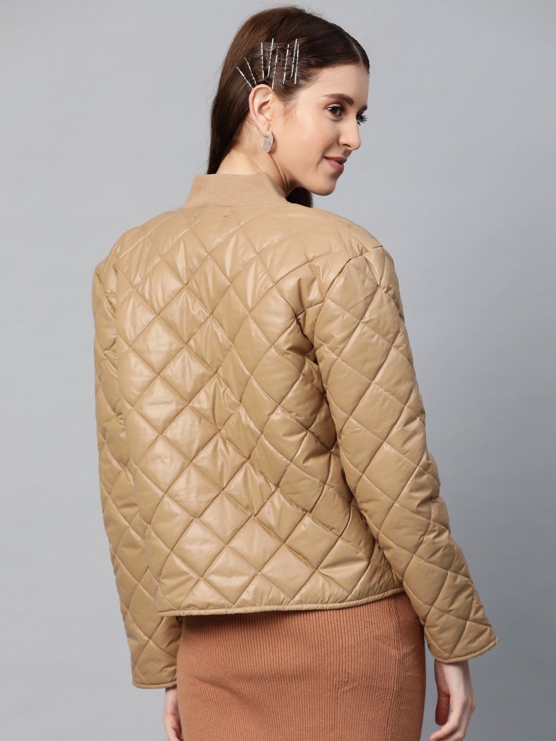 Women's Khaki Front Snap Button Quilted Puffer Jacket - SASSAFRAS