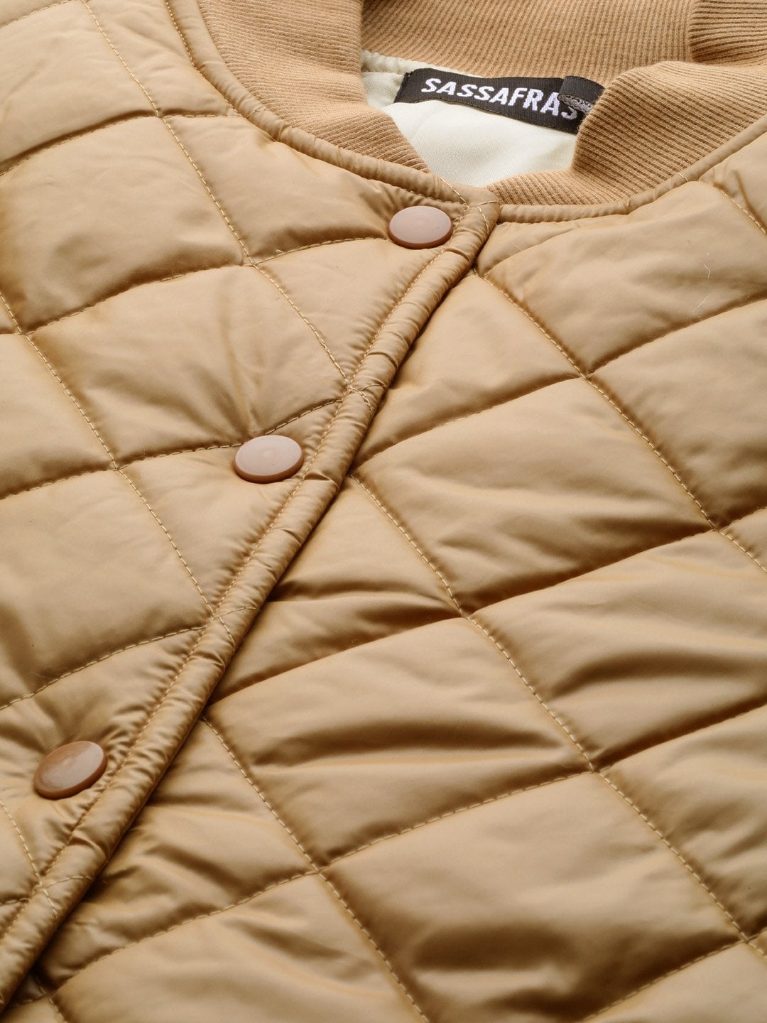 Women's Khaki Front Snap Button Quilted Puffer Jacket - SASSAFRAS