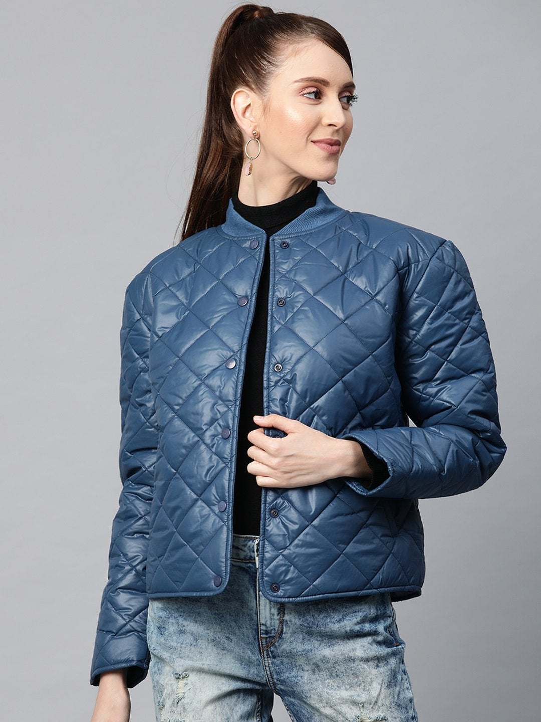 Women's Teal Front Snap Button Quilted Puffer Jacket - SASSAFRAS