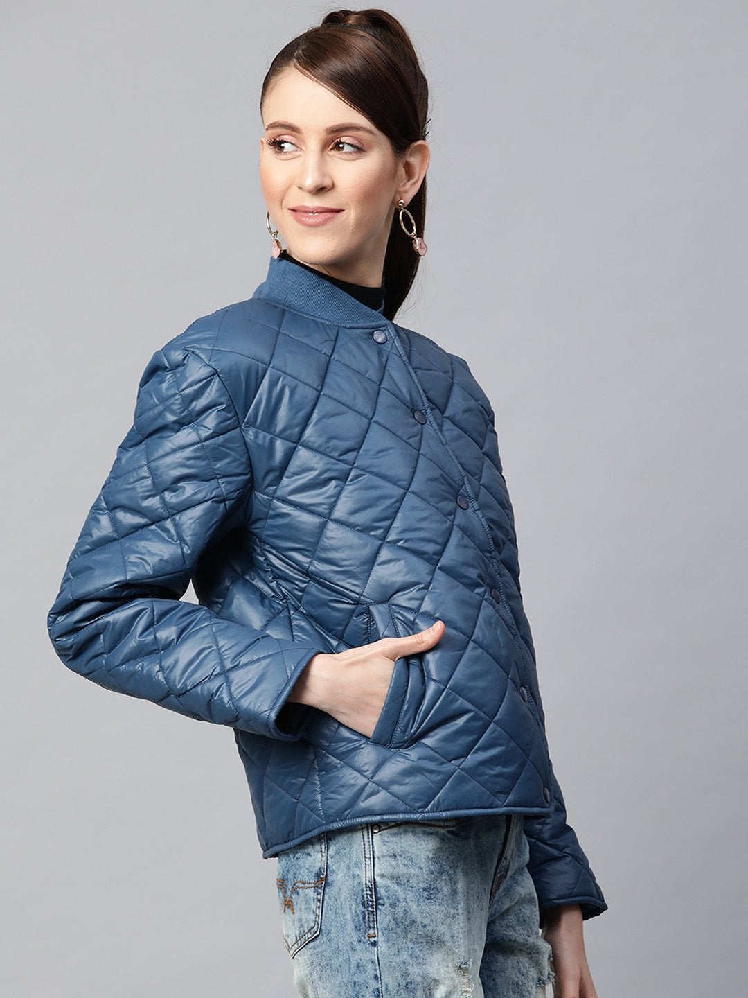 Women's Teal Front Snap Button Quilted Puffer Jacket - SASSAFRAS