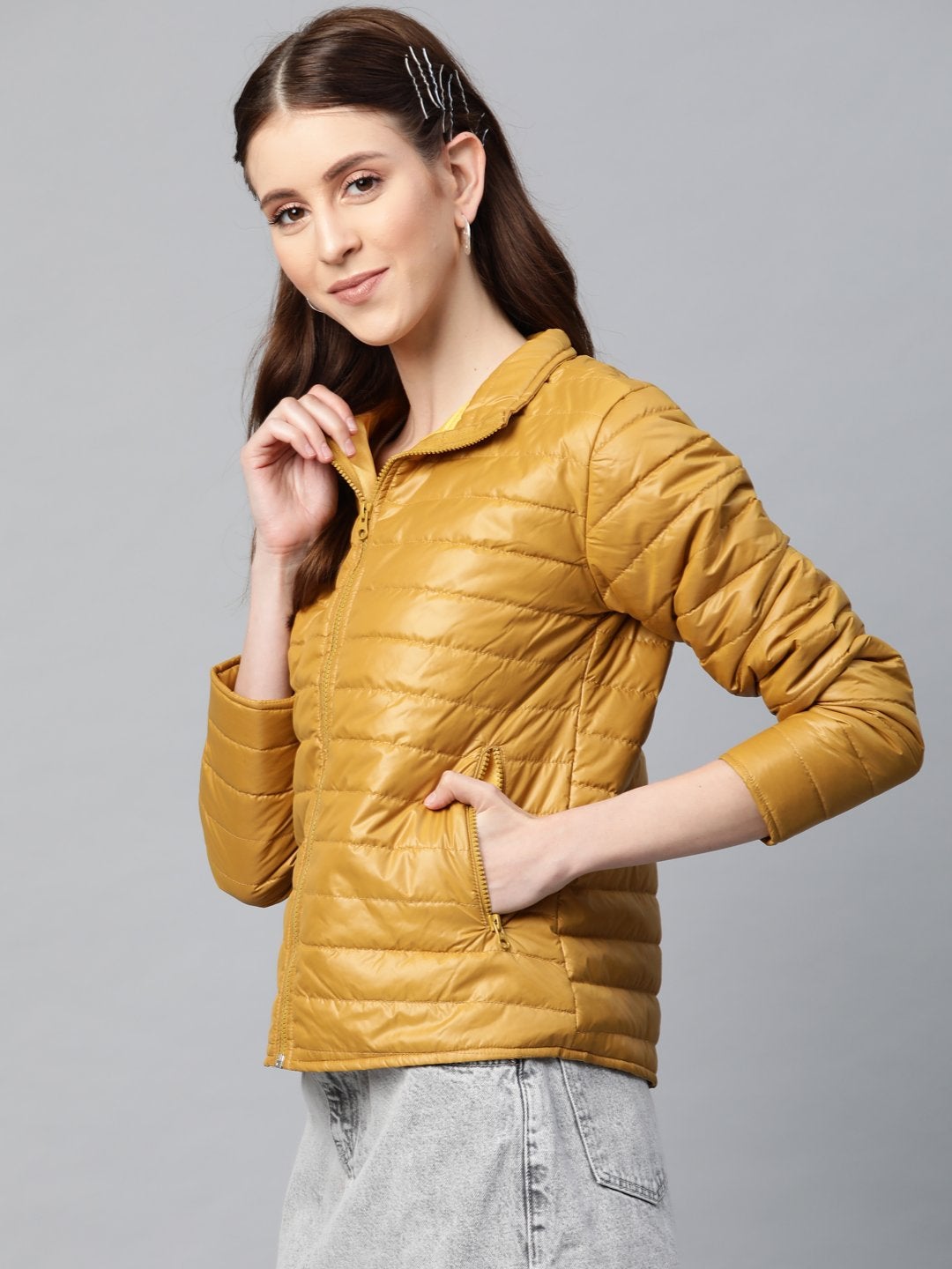 Women's Mustard Zip-Pocket Quilted Puffer Jacket - SASSAFRAS