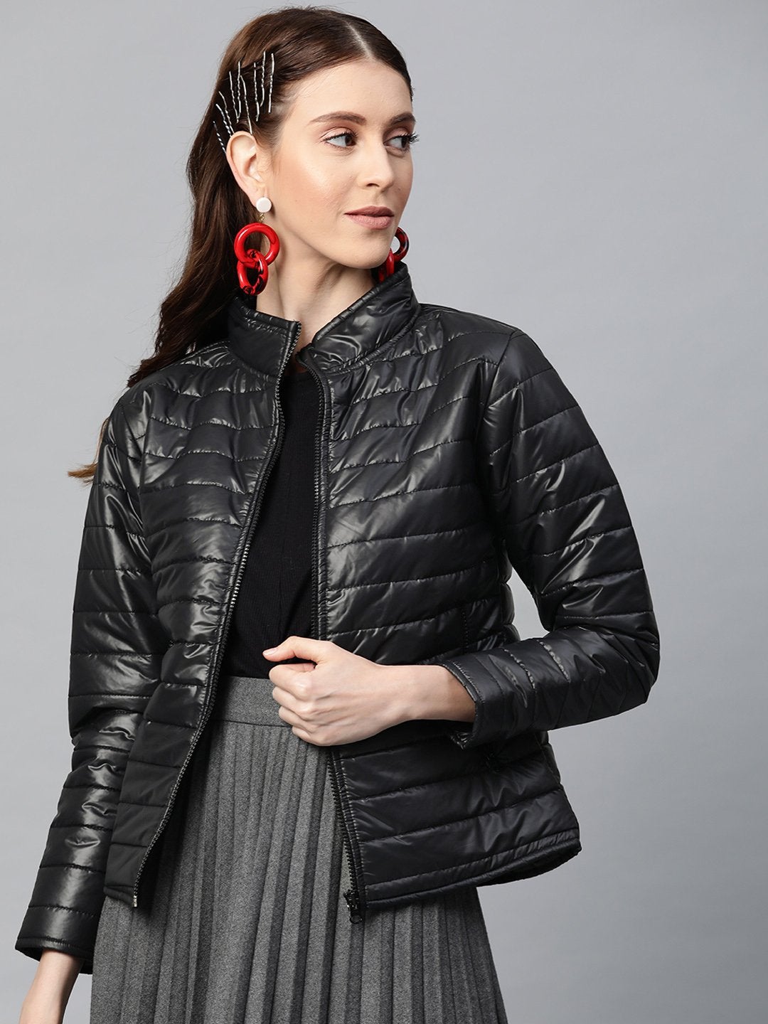 Women's Black Zip-Pocket Quilted Puffer Jacket - SASSAFRAS