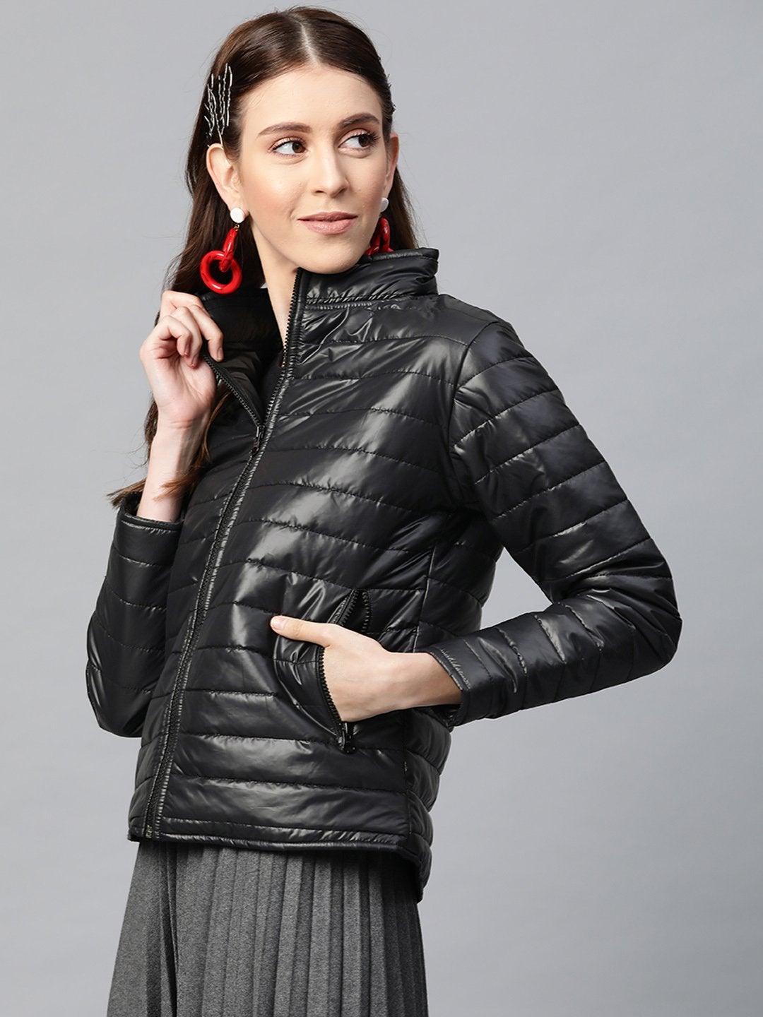 Women's Black Zip-Pocket Quilted Puffer Jacket - SASSAFRAS