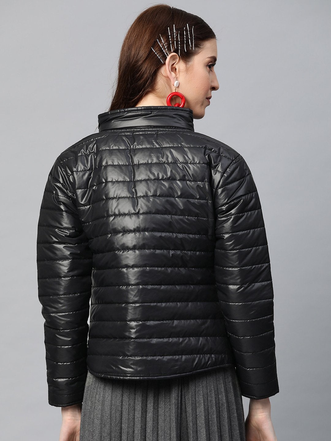 Women's Black Zip-Pocket Quilted Puffer Jacket - SASSAFRAS