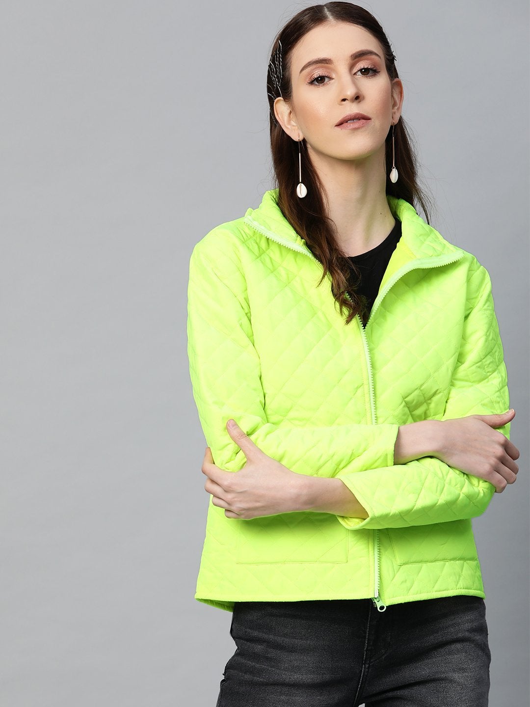 Women's Neon Green Flap Pockets Quilted Puffer Jacket - SASSAFRAS