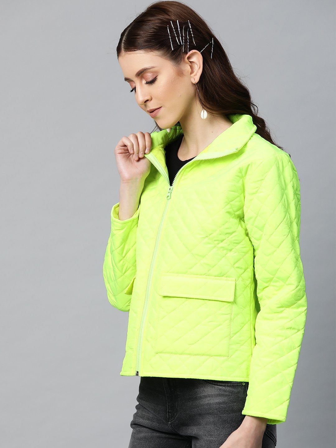 Women's Neon Green Flap Pockets Quilted Puffer Jacket - SASSAFRAS