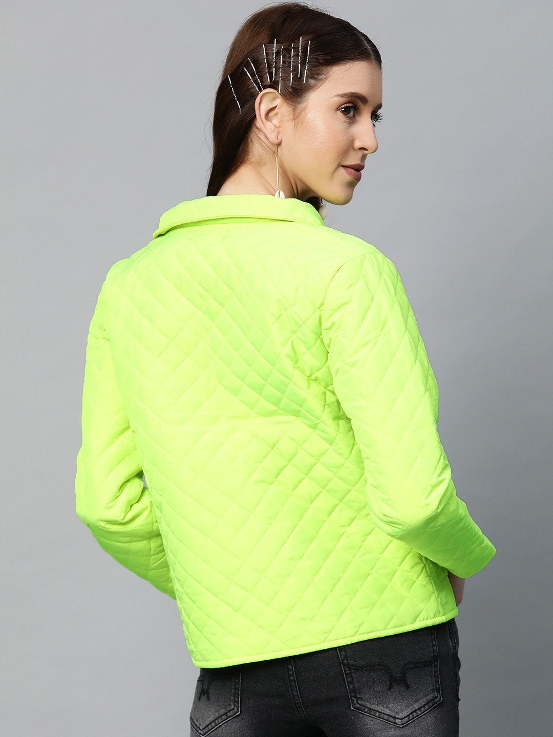 Women's Neon Green Flap Pockets Quilted Puffer Jacket - SASSAFRAS