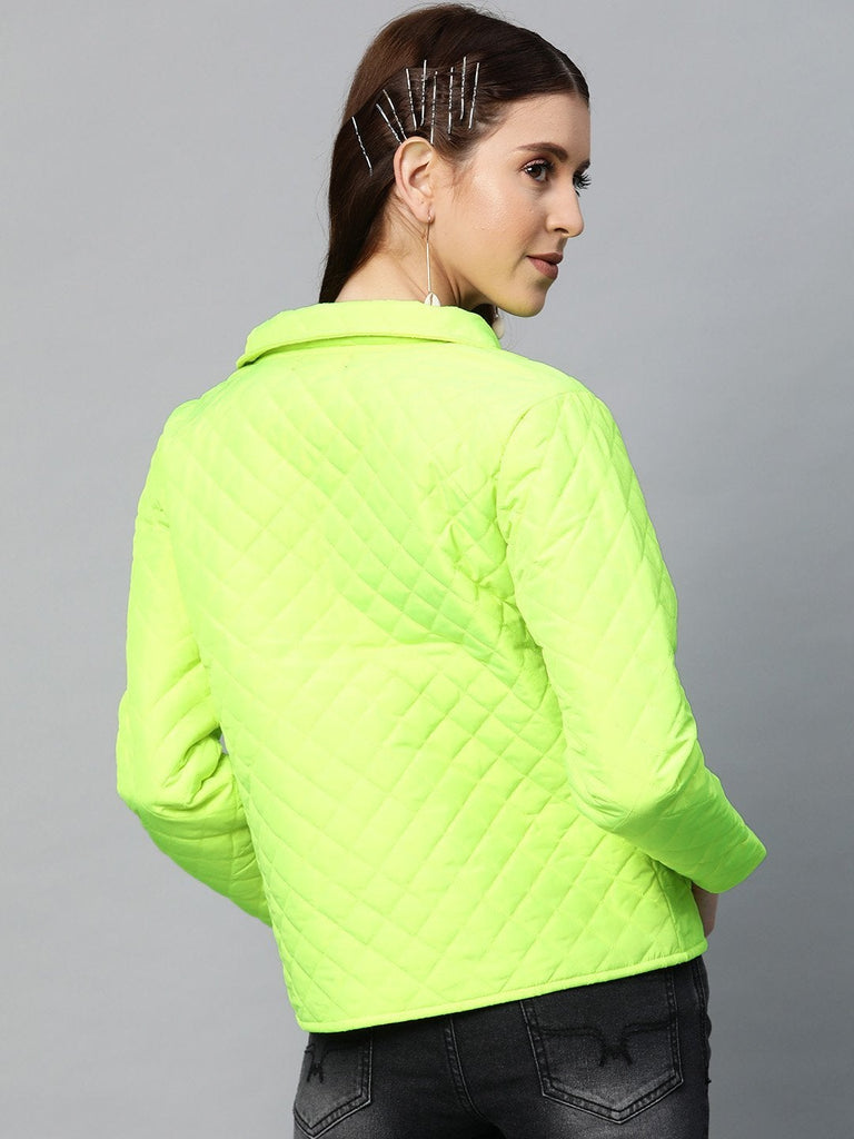 Women's Neon Green Flap Pockets Quilted Puffer Jacket