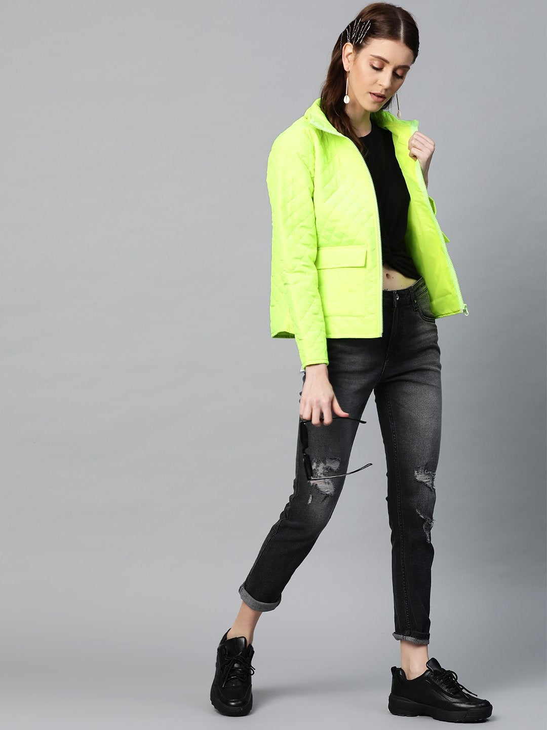 Women's Neon Green Flap Pockets Quilted Puffer Jacket - SASSAFRAS