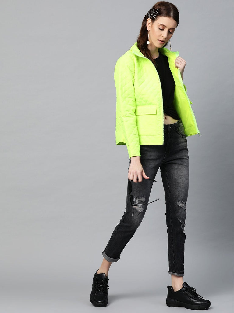 Women's Neon Green Flap Pockets Quilted Puffer Jacket