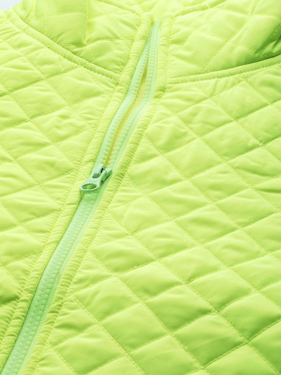 Women's Neon Green Flap Pockets Quilted Puffer Jacket - SASSAFRAS