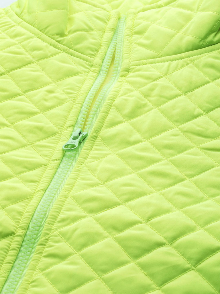 Women's Neon Green Flap Pockets Quilted Puffer Jacket
