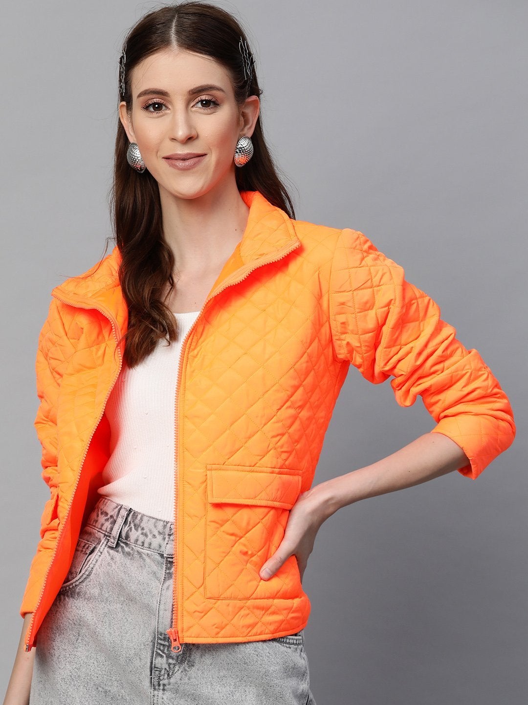 Women's Neon Orange Flap Pockets Quilted Puffer Jacket - SASSAFRAS