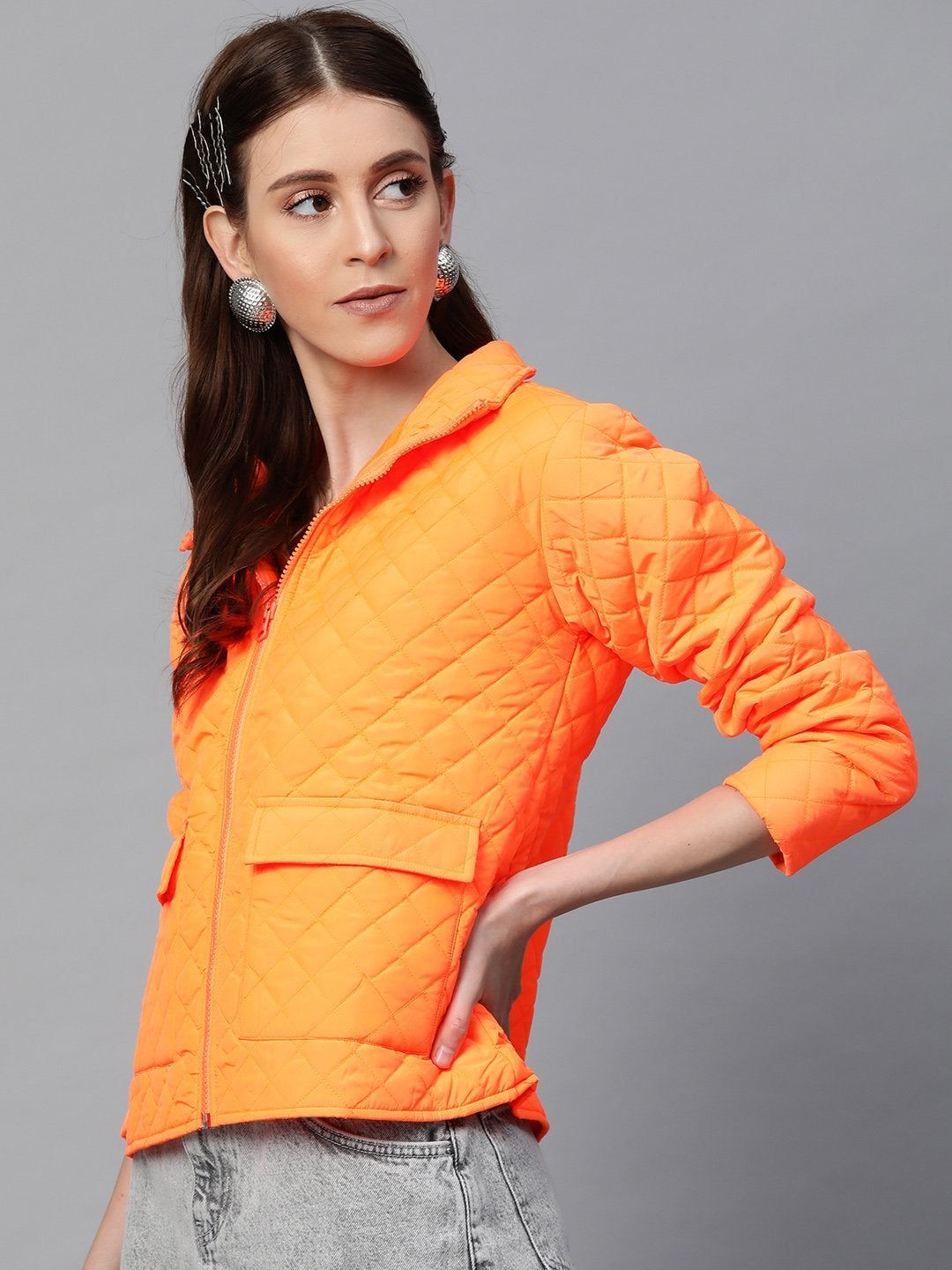 Women's Neon Orange Flap Pockets Quilted Puffer Jacket - SASSAFRAS