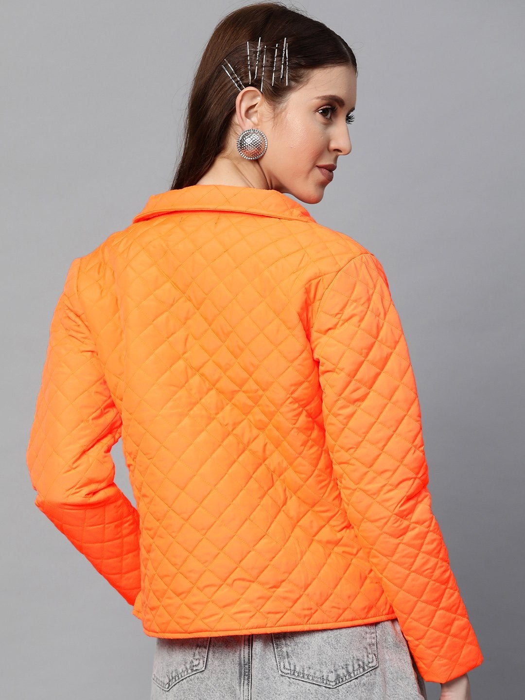 Women's Neon Orange Flap Pockets Quilted Puffer Jacket - SASSAFRAS