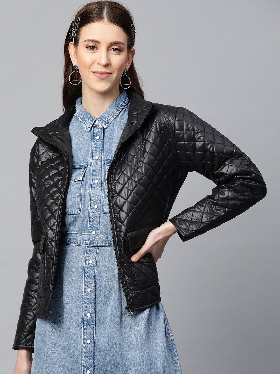 Women's Black Flap Pockets Quilted Puffer Jacket - SASSAFRAS