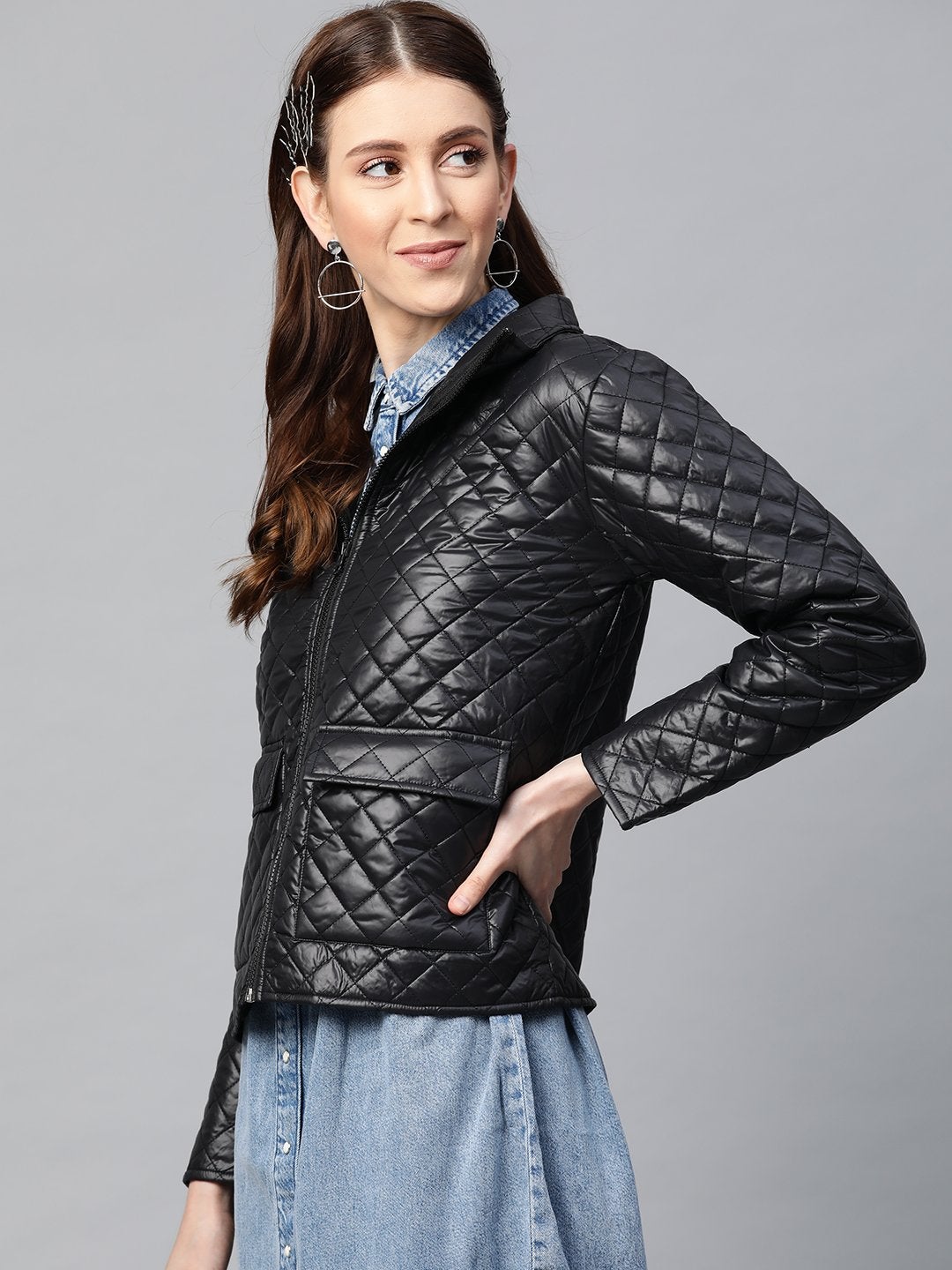 Women's Black Flap Pockets Quilted Puffer Jacket - SASSAFRAS