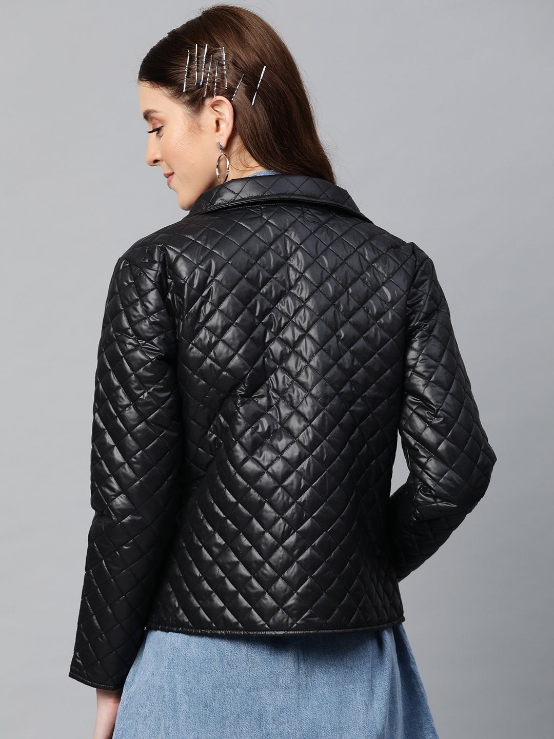 Women's Black Flap Pockets Quilted Puffer Jacket - SASSAFRAS