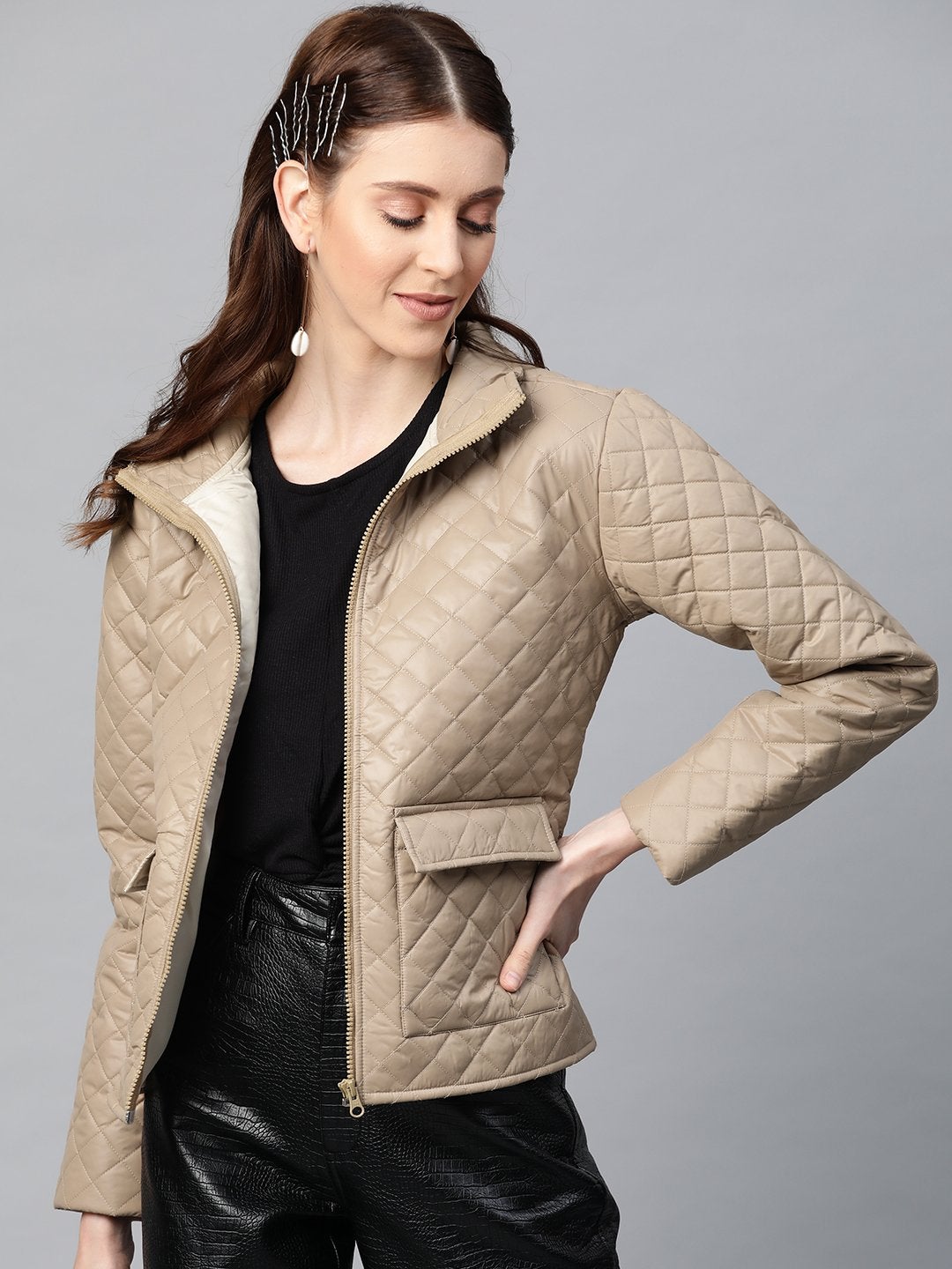 Women's Khaki Flap Pockets Quilted Puffer Jacket - SASSAFRAS