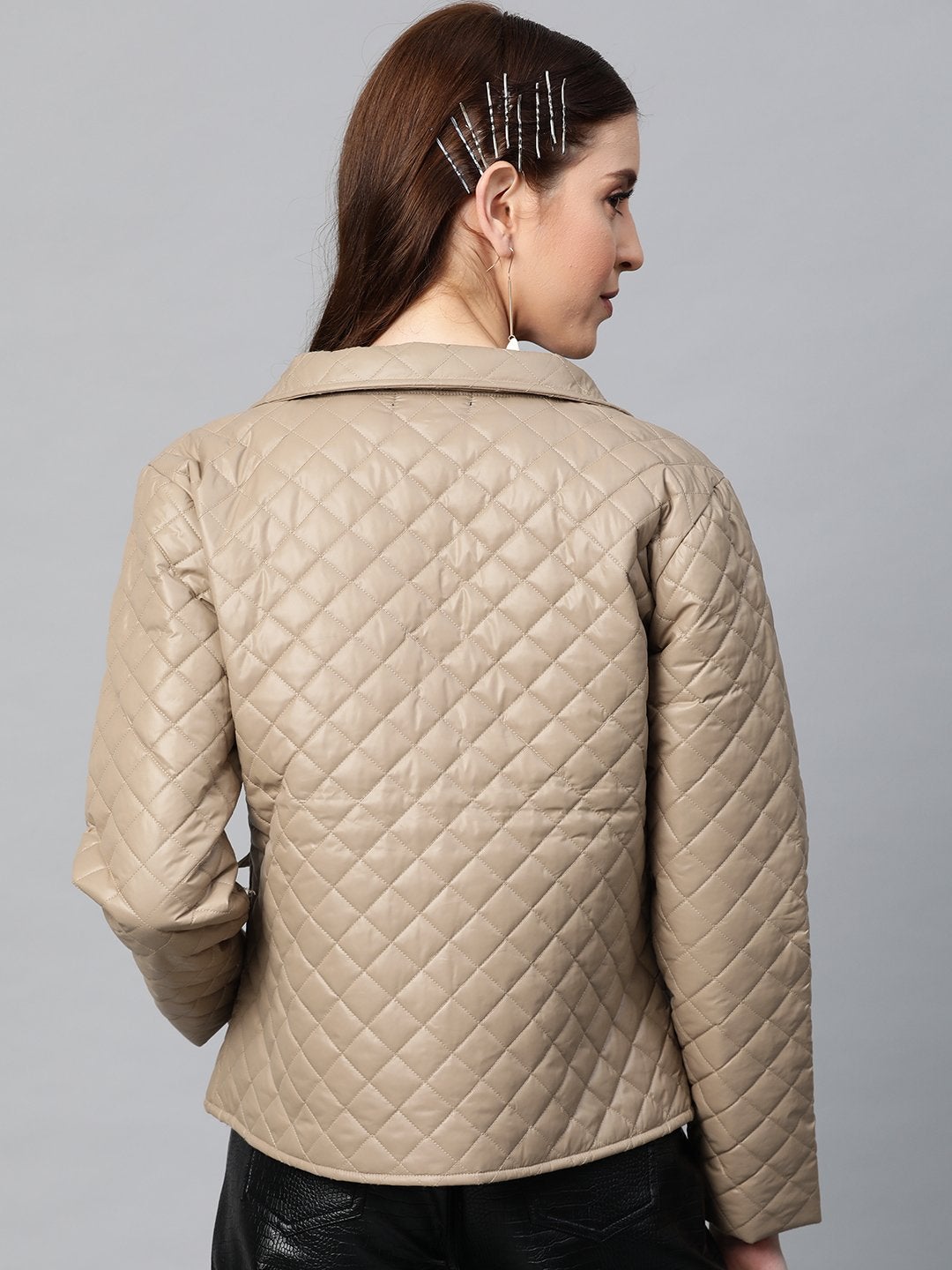 Women's Khaki Flap Pockets Quilted Puffer Jacket - SASSAFRAS