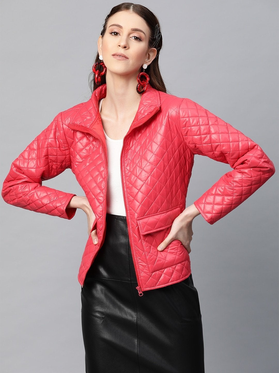 Women's Red Flap Pockets Quilted Puffer Jacket - SASSAFRAS