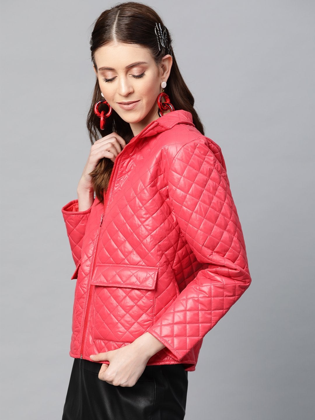 Women's Red Flap Pockets Quilted Puffer Jacket - SASSAFRAS