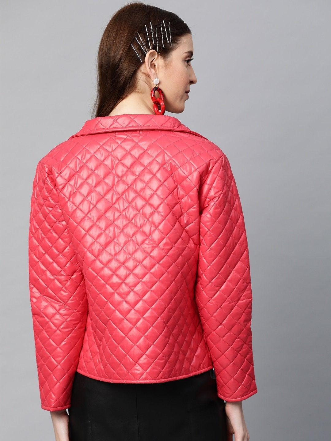 Women's Red Flap Pockets Quilted Puffer Jacket - SASSAFRAS