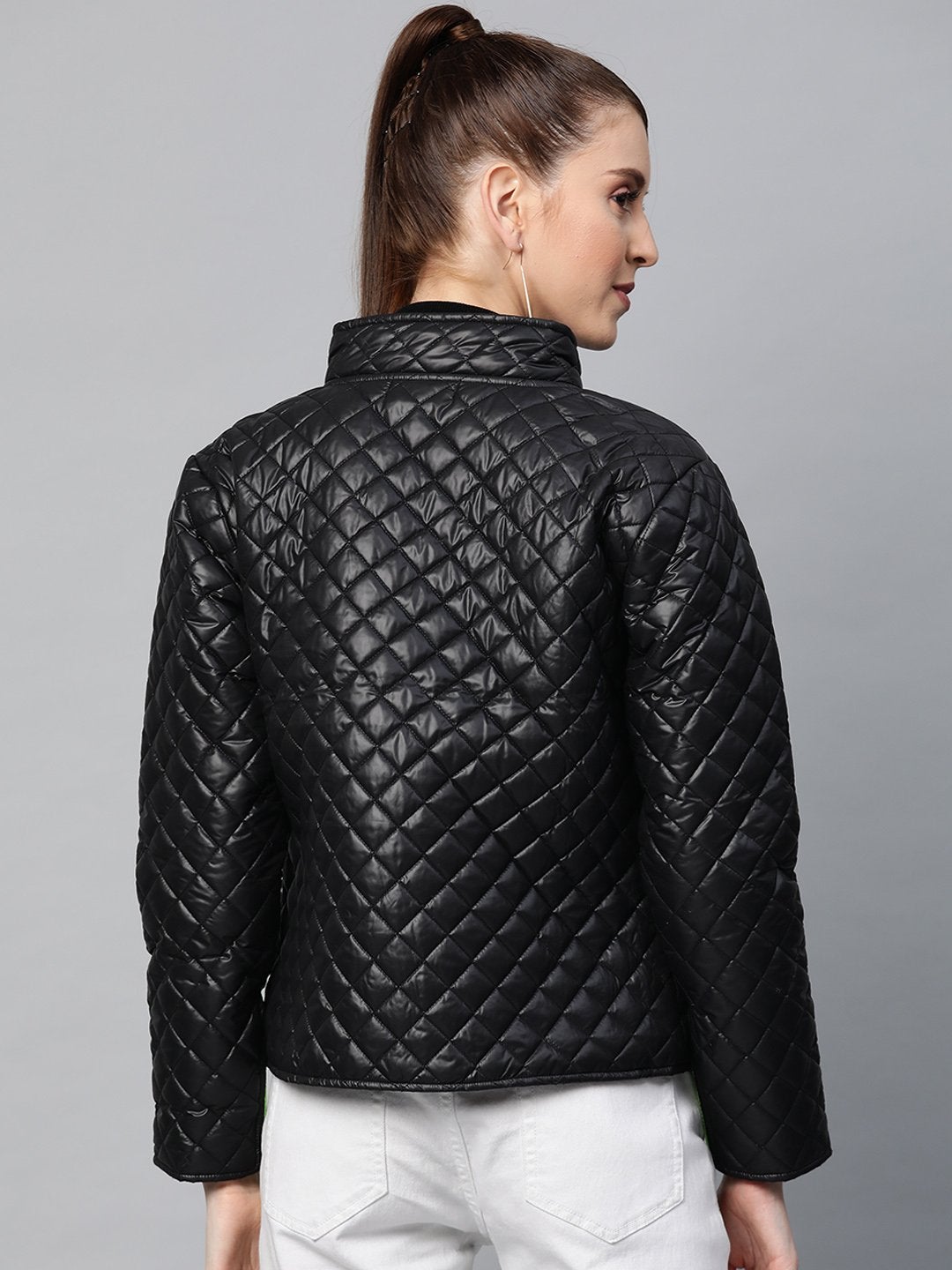 Women's Black Contrast Zipper On Sleeves Quilted Jacket - SASSAFRAS