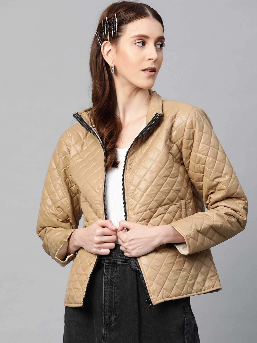 Women's Khaki Contrast Zipper On Sleeves Quilted Jacket - SASSAFRAS