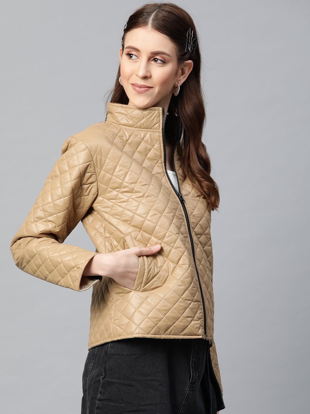 Women's Khaki Contrast Zipper On Sleeves Quilted Jacket - SASSAFRAS