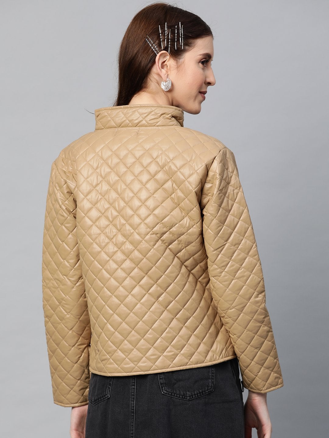 Women's Khaki Contrast Zipper On Sleeves Quilted Jacket - SASSAFRAS