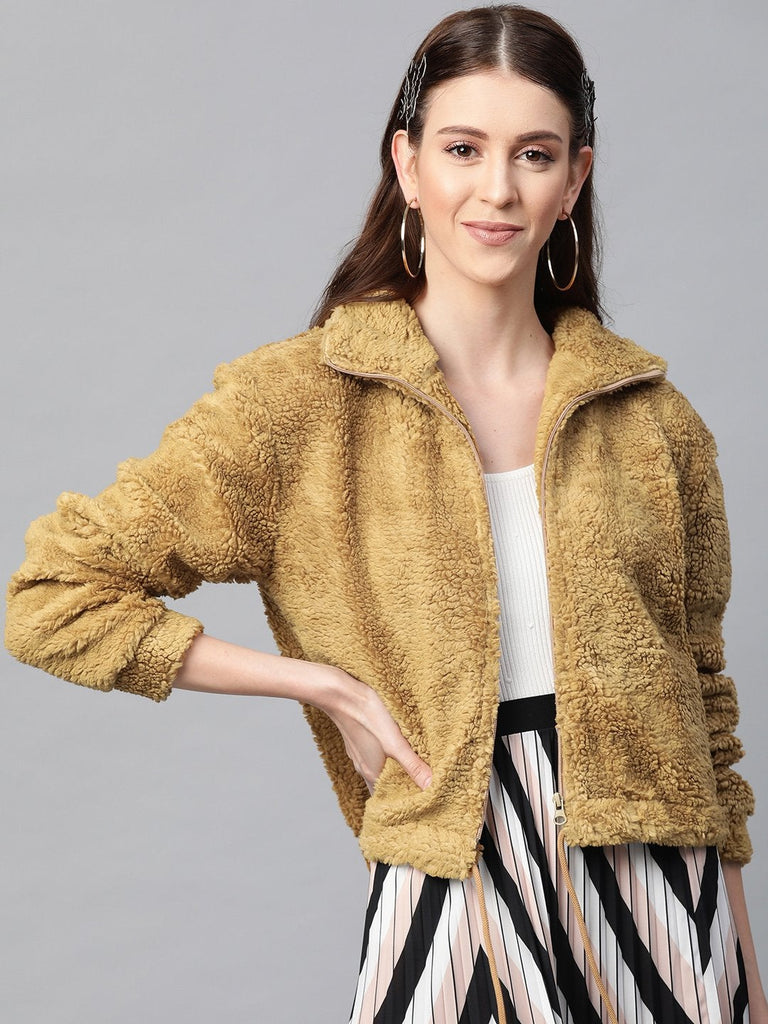 Women's Mustard Drawstring Faux Fur Jacket