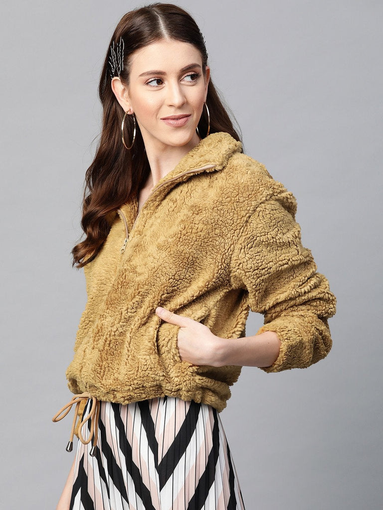 Women's Mustard Drawstring Faux Fur Jacket