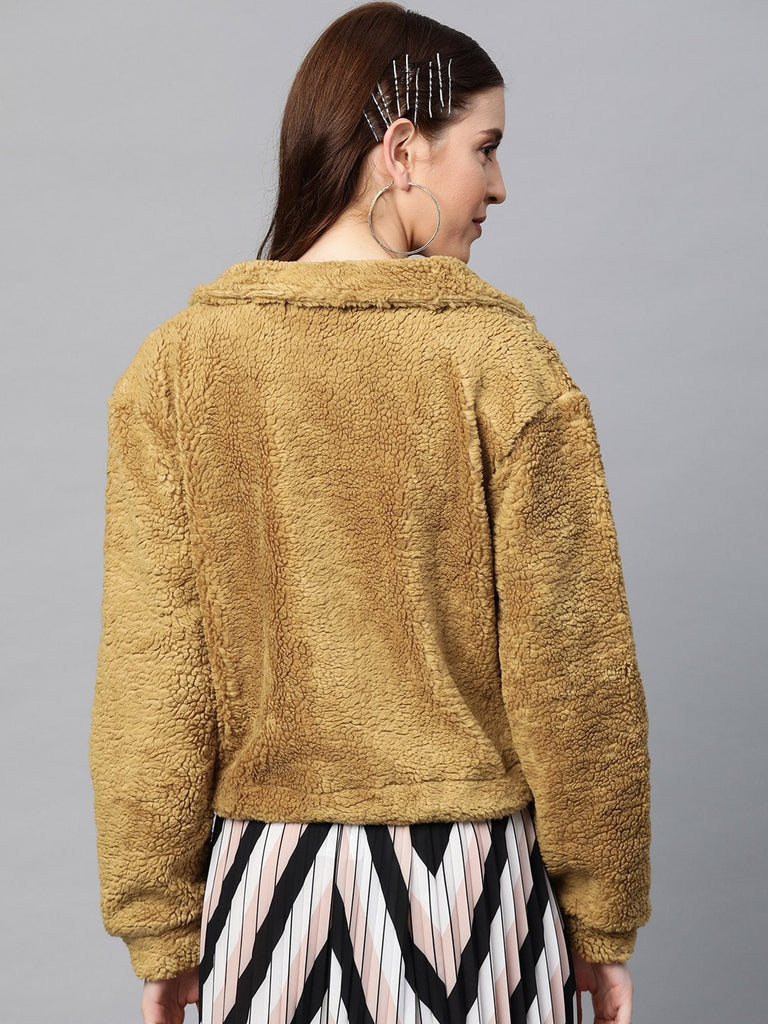 Women's Mustard Drawstring Faux Fur Jacket
