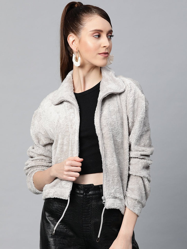 Women's Grey Drawstring Faux Fur Jacket