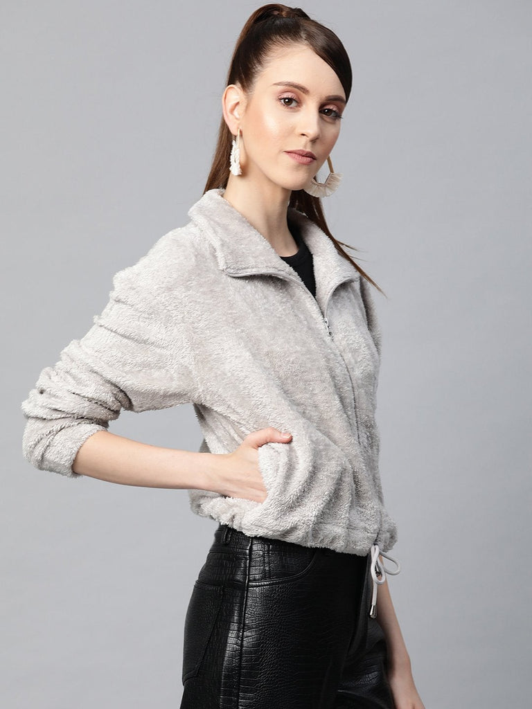 Women's Grey Drawstring Faux Fur Jacket