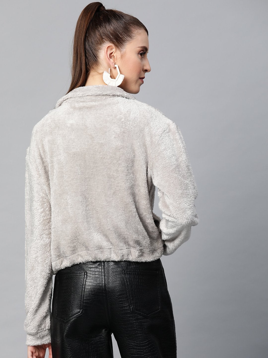 Women's Grey Drawstring Faux Fur Jacket - SASSAFRAS